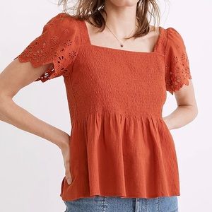 Madewell Eyelet-Sleeve Lucie Smocked Peplum Top